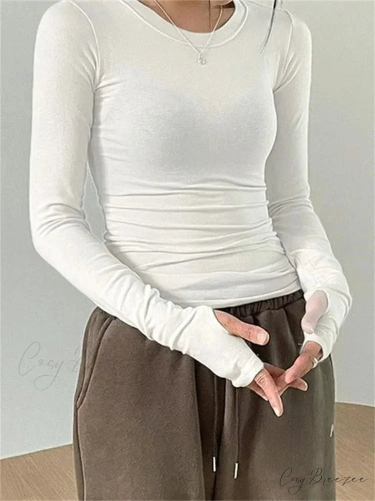 Casual Slim Fit Long Sleeve O-Neck Tops Spring Fall T-shirts WHITE / S