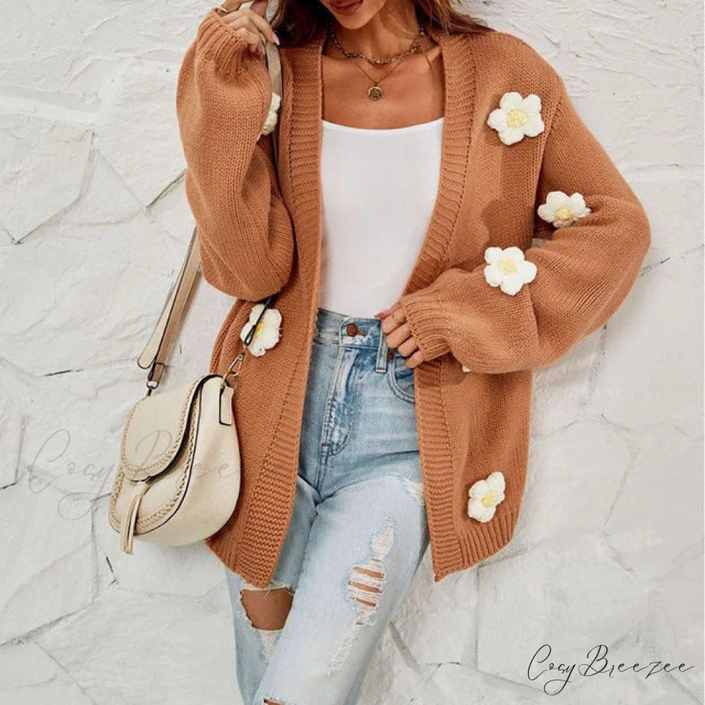 Casual with 3D Flower Cardigan Decoration