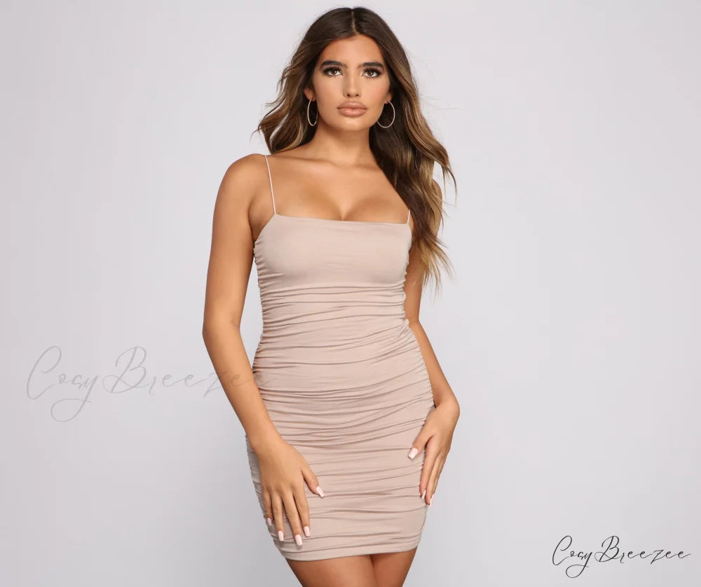 Casually Slay Square Charming Neck Ruched Mini Dress MOCHA / XS