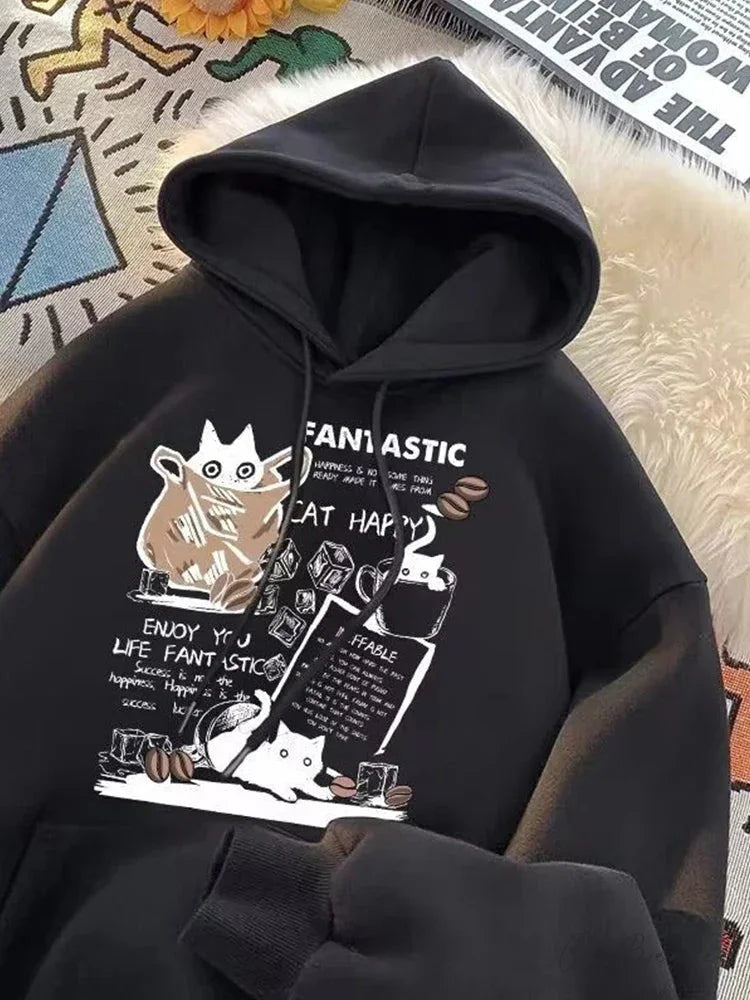 Cat Cartoon Printed Pullover Hoodie Black / M(40-45KG) hoodies-241228