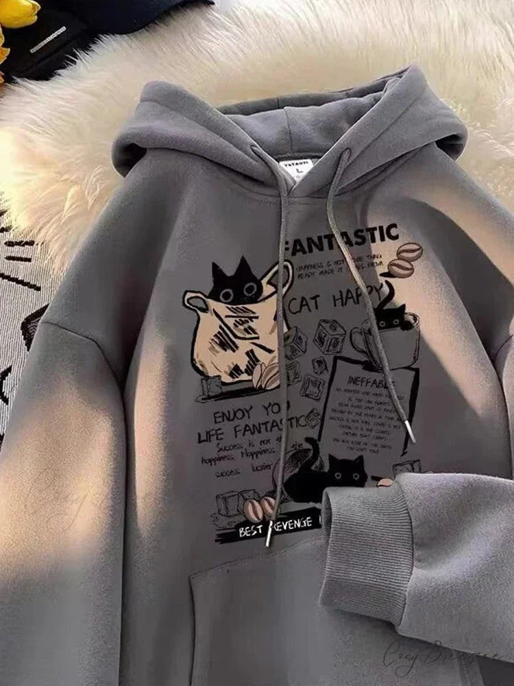 Cat Cartoon Printed Pullover Hoodie Dark Grey / M(40-45KG) hoodies-241228