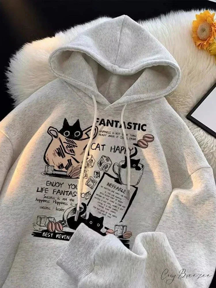 Cat Cartoon Printed Pullover Hoodie GRAY / M(40-45KG) hoodies-241228