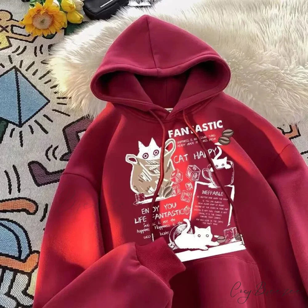 Cat Cartoon Printed Pullover Hoodie hoodies-241228