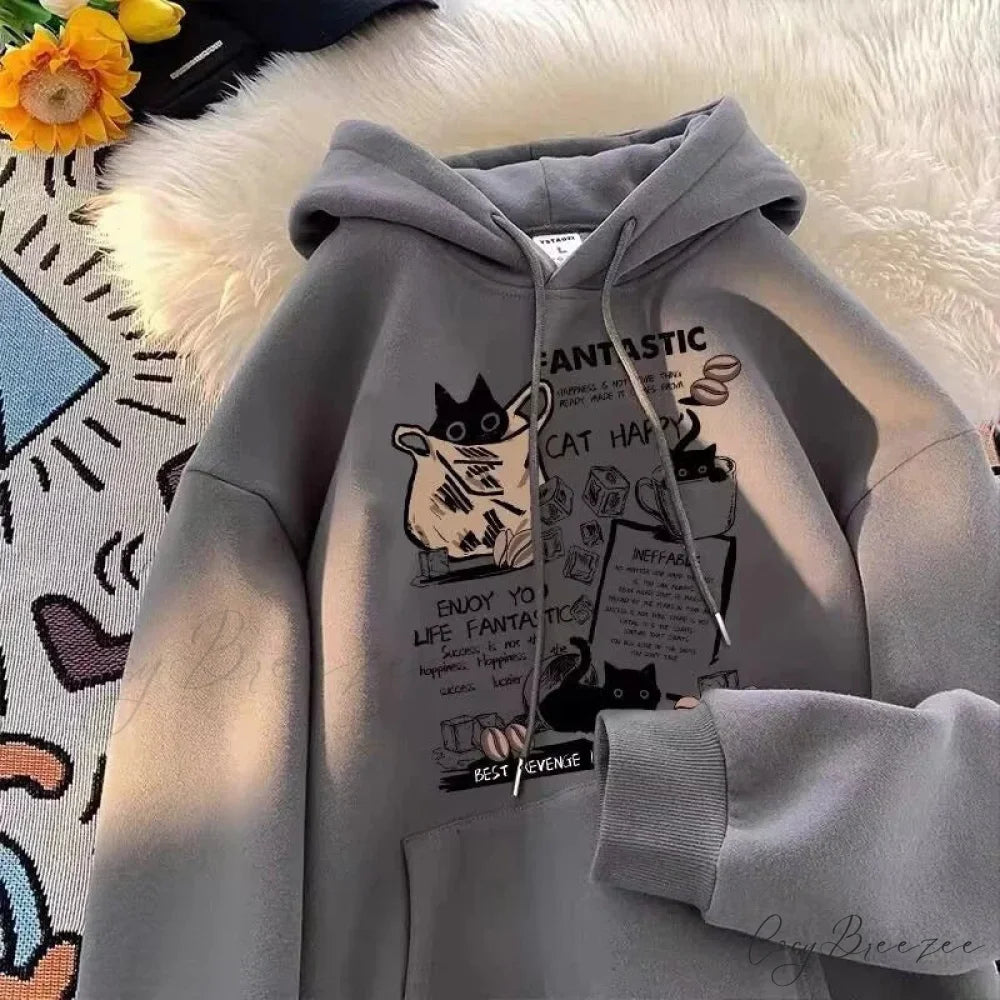 Cat Cartoon Printed Pullover Hoodie hoodies-241228