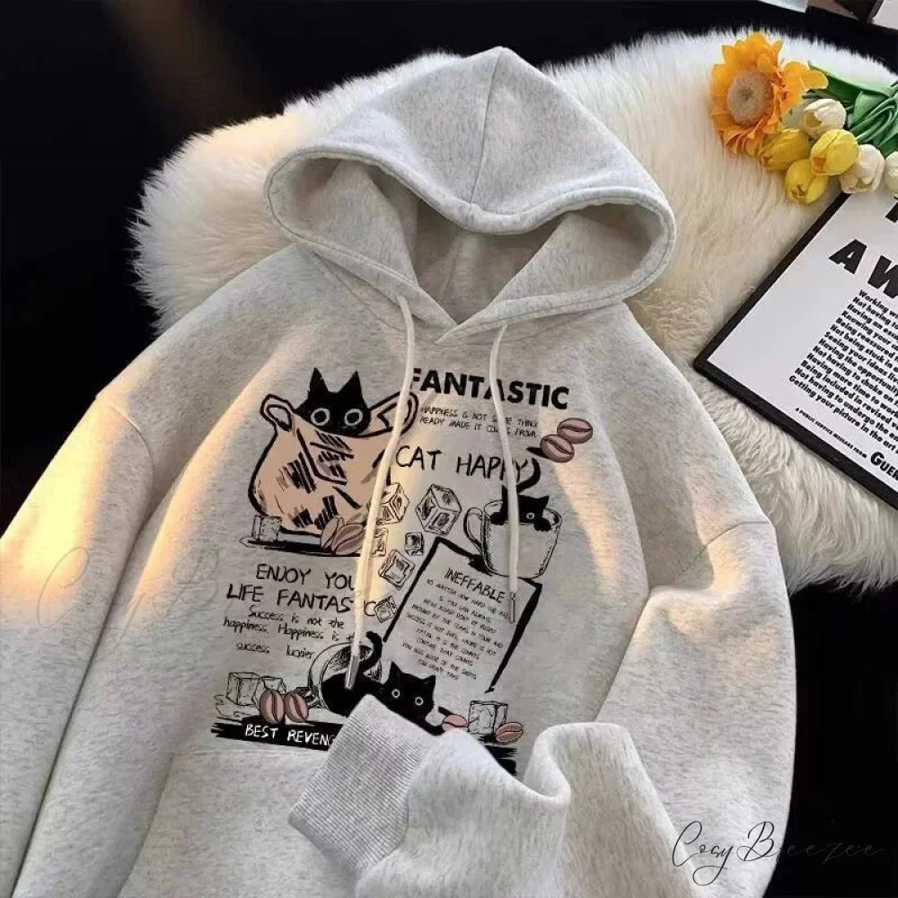 Cat Cartoon Printed Pullover Hoodie hoodies-241228