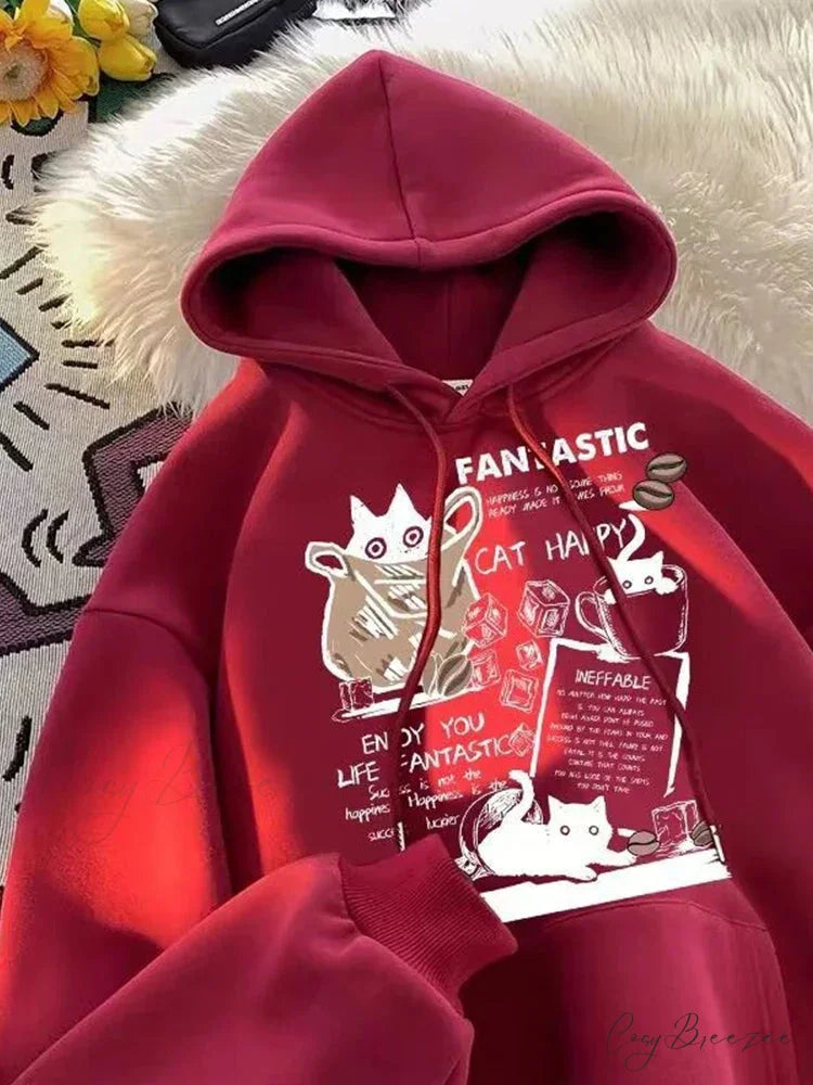 Cat Cartoon Printed Pullover Hoodie Red / M(40-45KG) hoodies-241228