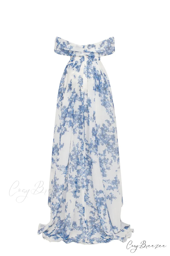 Catchy Off-The-Shoulder Blue Hydrangea Graceful Maxi Dress Garden Of Eden
