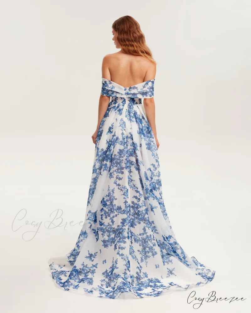 Catchy Off-The-Shoulder Blue Hydrangea Graceful Maxi Dress Garden Of Eden
