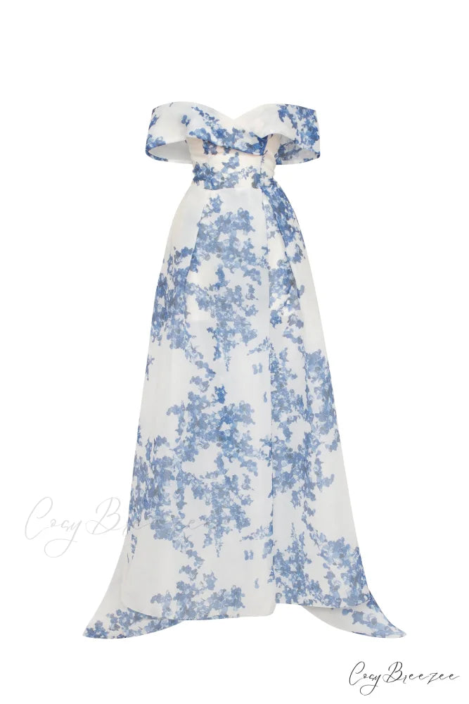 Catchy Off-The-Shoulder Blue Hydrangea Graceful Maxi Dress Garden Of Eden XXS / Blue-Navy