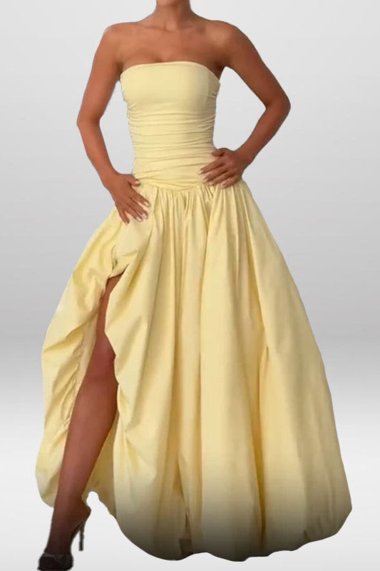 Strapless Split Tie Solid Evening Party Dress
