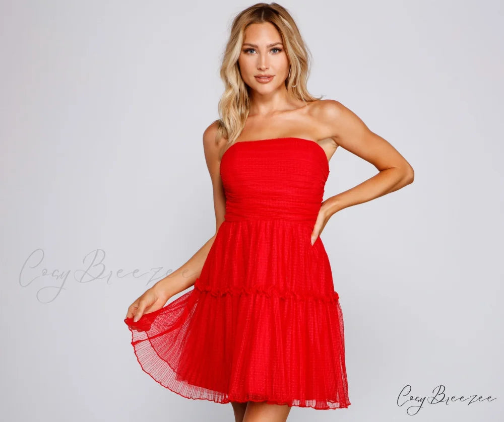 Cecilla Formal Pleated Charming Tulle Party Dress RED / 3