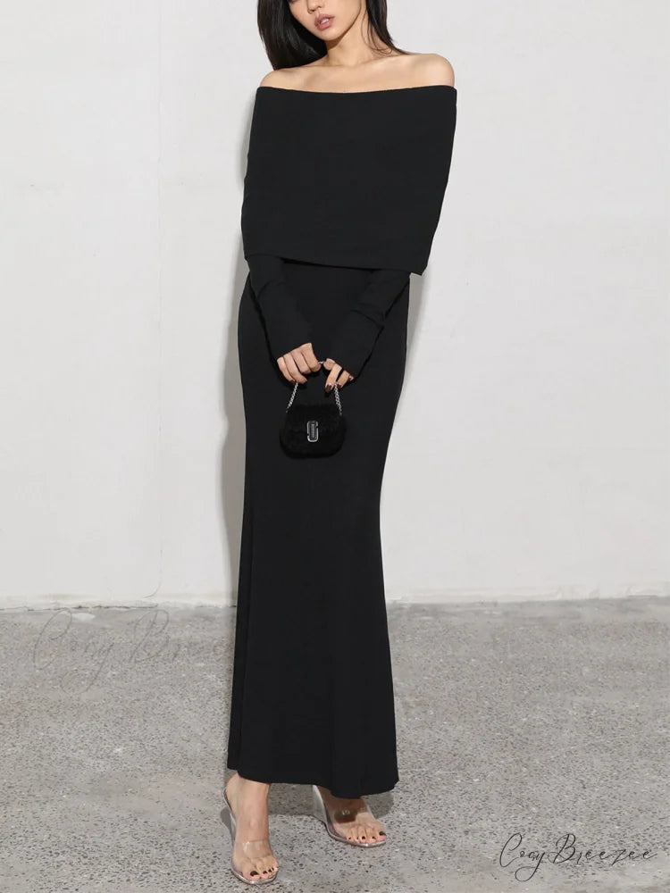 Charcoal Off Shoulder Overfold Modern Long Sleeve Long Dress