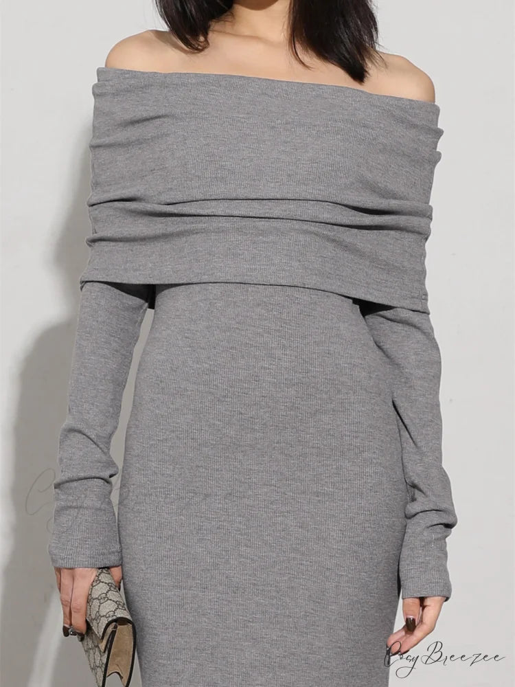 Charcoal Off Shoulder Overfold Modern Long Sleeve Long Dress
