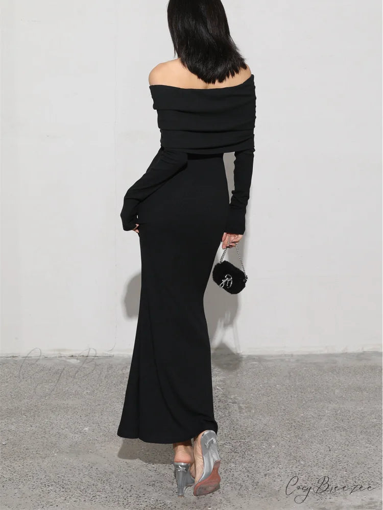 Charcoal Off Shoulder Overfold Modern Long Sleeve Long Dress