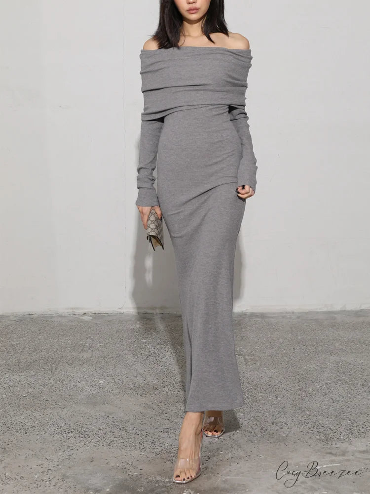 Charcoal Off Shoulder Overfold Modern Long Sleeve Long Dress Grey / XS