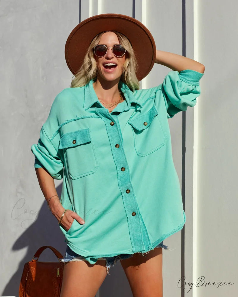 Charleigh Cotton Blend Pocketed Shacket - Mint Color