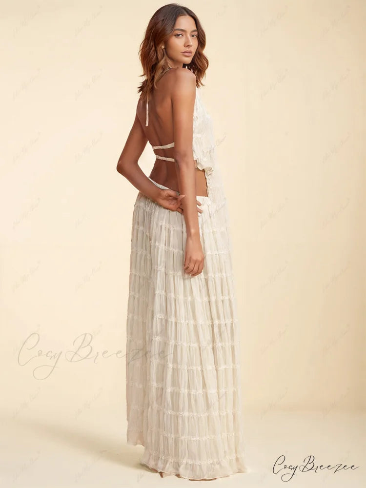 Charm Pleated Drawstring Charming Waist Tiered Maxi Skirt