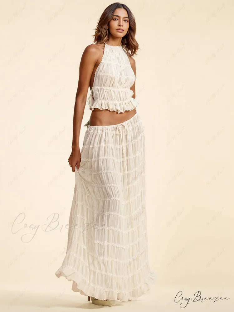 Charm Pleated Drawstring Charming Waist Tiered Maxi Skirt