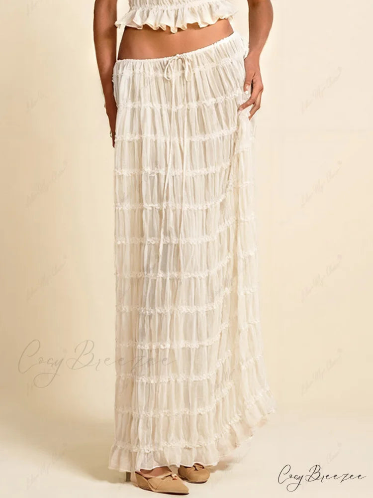 Charm Pleated Drawstring Charming Waist Tiered Maxi Skirt White-Maxi Skirt / S