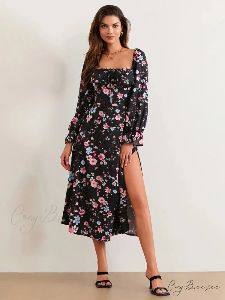 Charming Floral Midi Puff Sleeve Square Neck Dress BLACK1 / S floraldress-250126