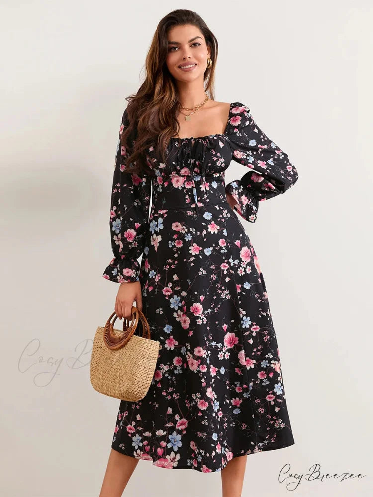 Charming Floral Midi Puff Sleeve Square Neck Dress floraldress-250126