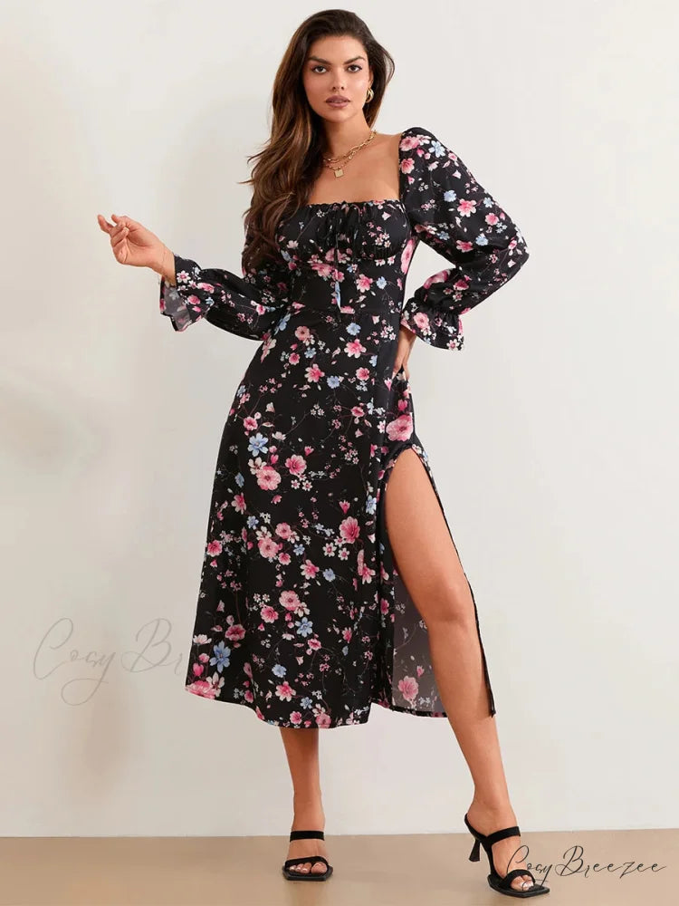 Charming Floral Midi Puff Sleeve Square Neck Dress floraldress-250126