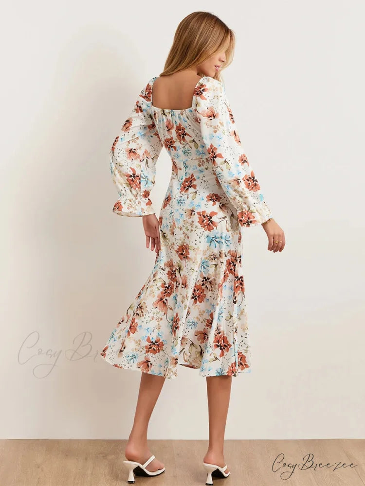 Charming Floral Midi Puff Sleeve Square Neck Dress floraldress-250126