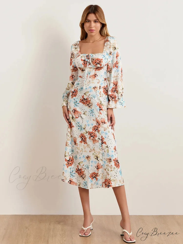 Charming Floral Midi Puff Sleeve Square Neck Dress floraldress-250126