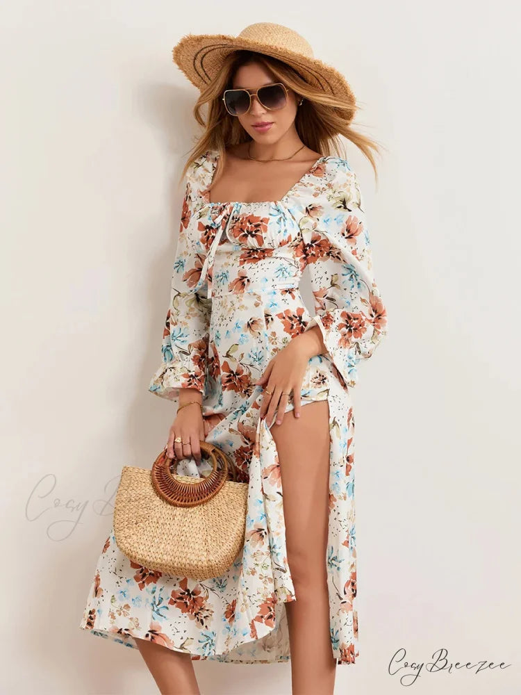 Charming Floral Midi Puff Sleeve Square Neck Dress WHITE / S floraldress-250126