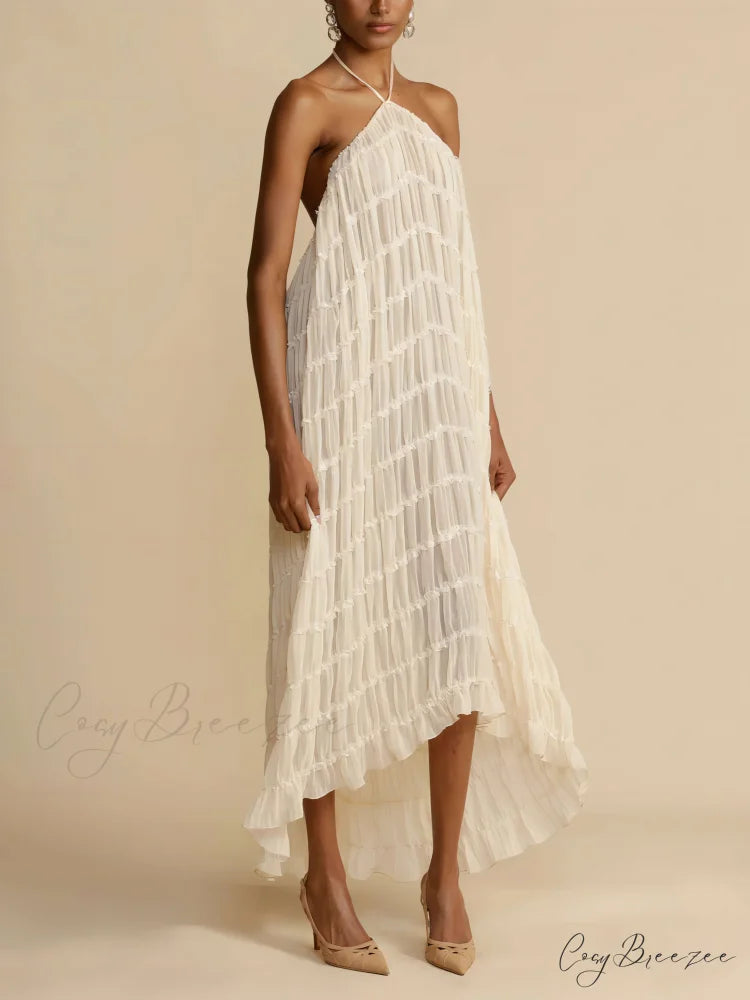 Charming Pleated Drawstring Waist Graceful Tiered Halterneck Midi Dress