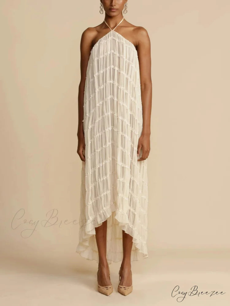 Charming Pleated Drawstring Waist Graceful Tiered Halterneck Midi Dress White / S