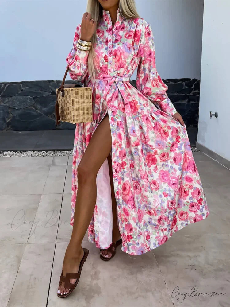 Charming Printed Shirt Buttons Graceful Plain Gold Floral Maxi Dress