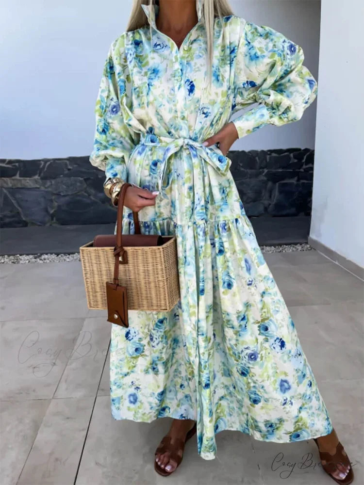 Charming Printed Shirt Buttons Graceful Plain Gold Floral Maxi Dress Blue / S