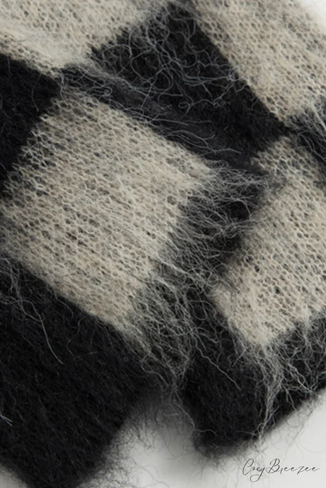 Checkerboard V Neck Mohair Sweater