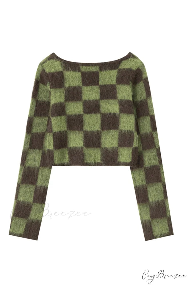 Checkerboard V Neck Mohair Sweater
