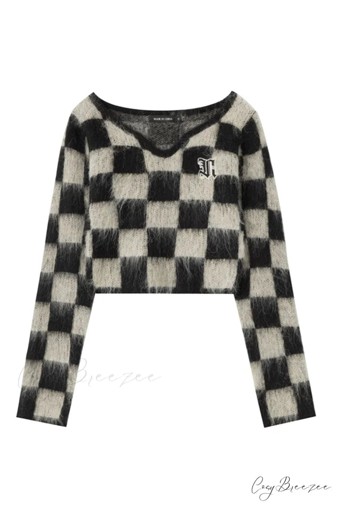 Checkerboard V Neck Mohair Sweater Black / S