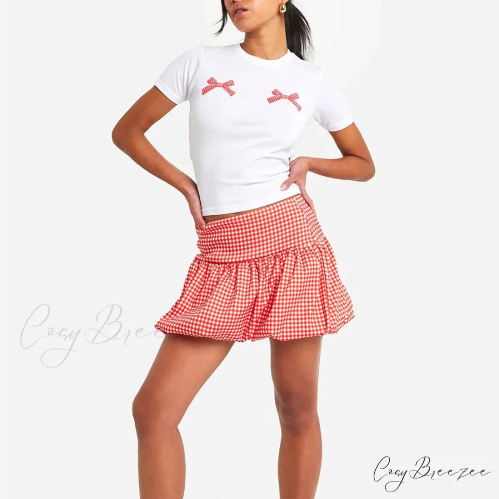 Checkered Bubble Plaid Style Skirt Red / S skirts-250223