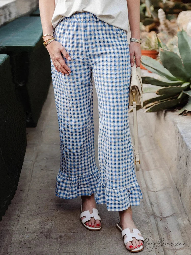 Checkered Flared Stretchy Waist Comfortable Pant Blue / S pant-250223