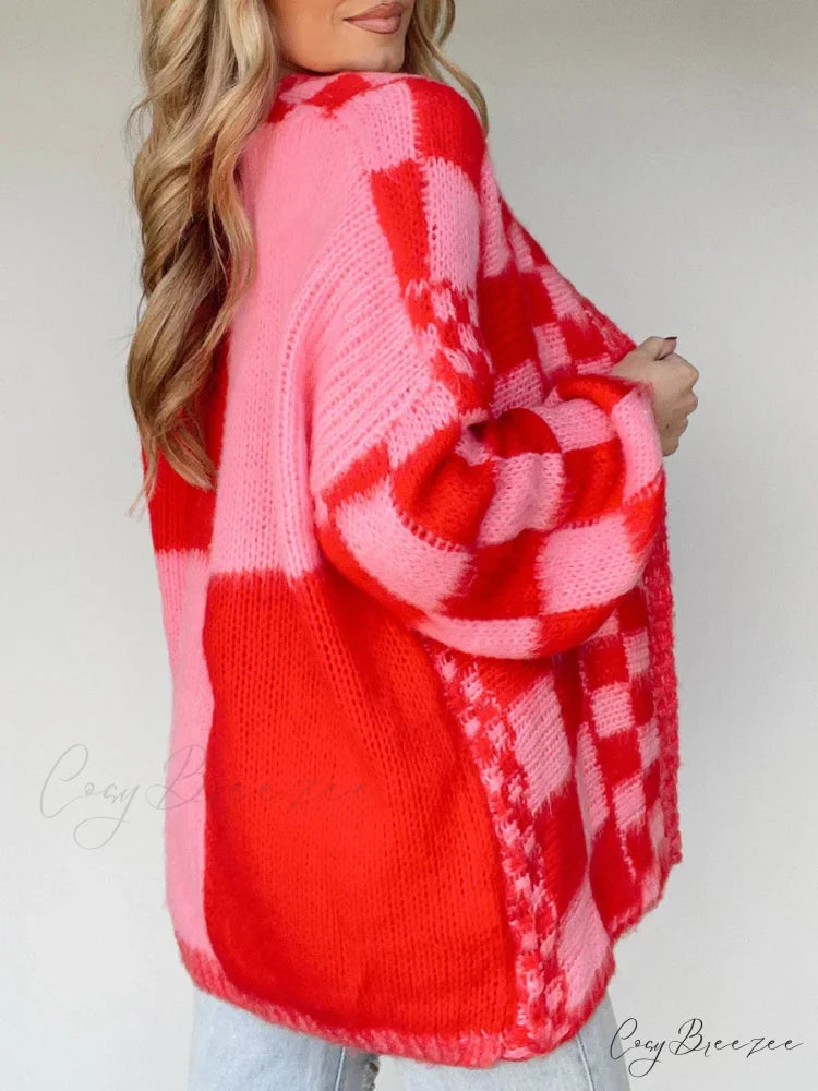Checkered Loose Full Sleeve Open Front Cardigan Pink / S cardigans-241228