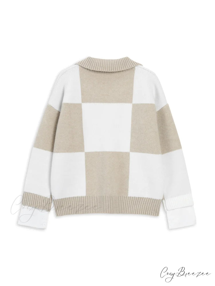 Checkered Open Graceful Collar Sweater