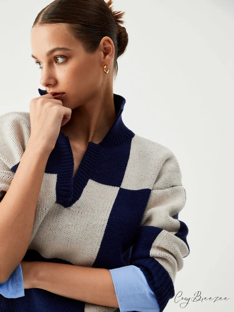 Checkered Open Graceful Collar Sweater