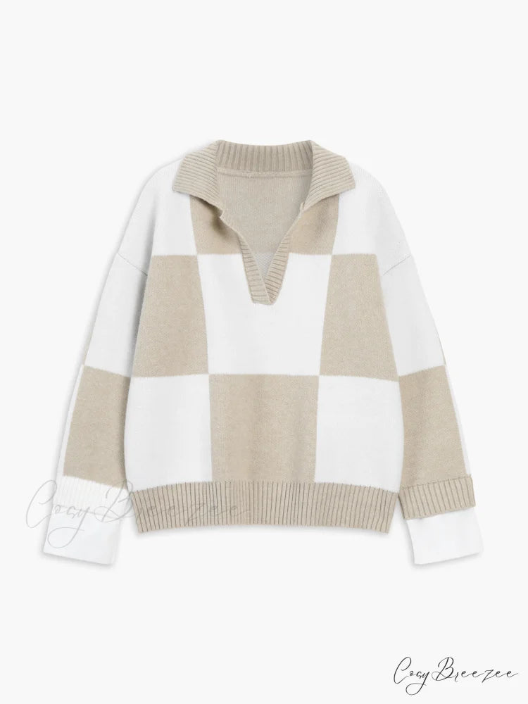 Checkered Open Graceful Collar Sweater Khaki / XS
