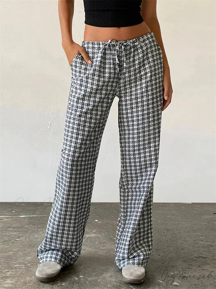 Checkered Pattern Spacious Casual Spring Summer Pant BLACK / S pant-250223