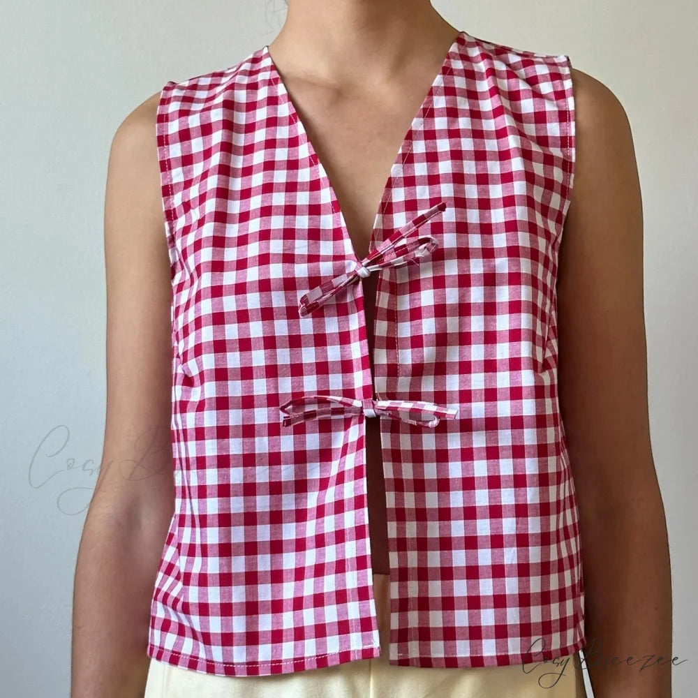 Checkered Tie-Front Crop Top Red / S croptop-250223