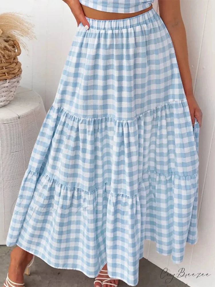 Checkered Tiered Patchwork Skirt Light Blue / S skirts-250223