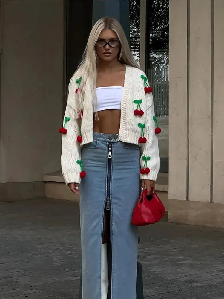 Cherry Decorated V-neck Cardigan Sweater cardigans-241228