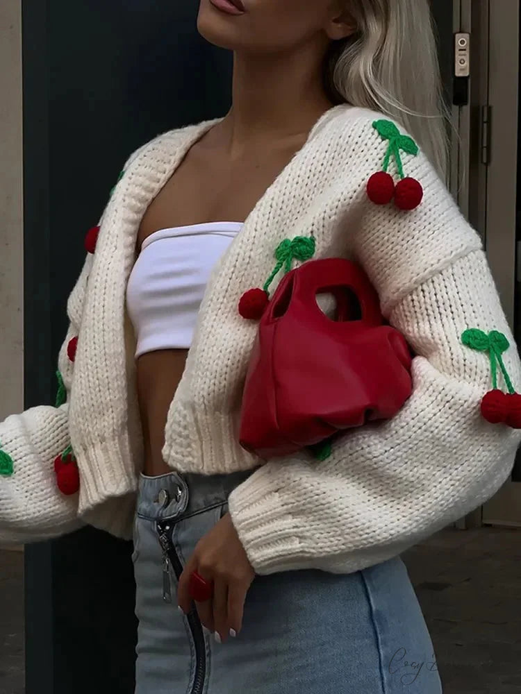 Cherry Decorated V-neck Cardigan Sweater cardigans-241228