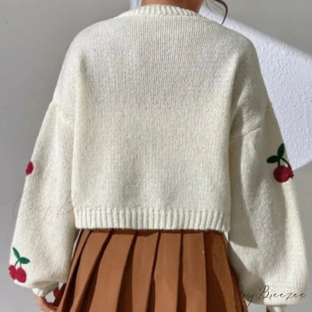 Cherry Embroidery Loose Long Sleeve Casual Knit Cardigan cardiagn-250126