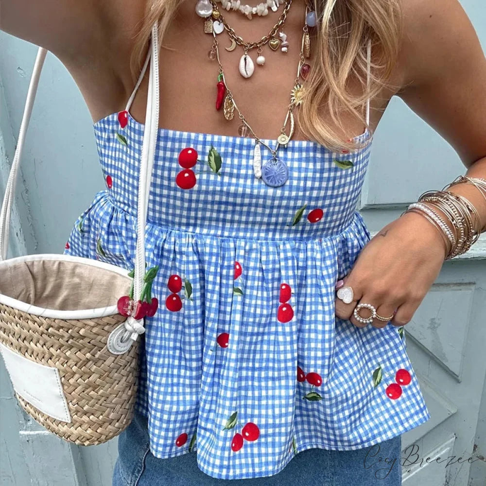 Cherry Plaid Peplum Crop Top Blue / S croptop-250223