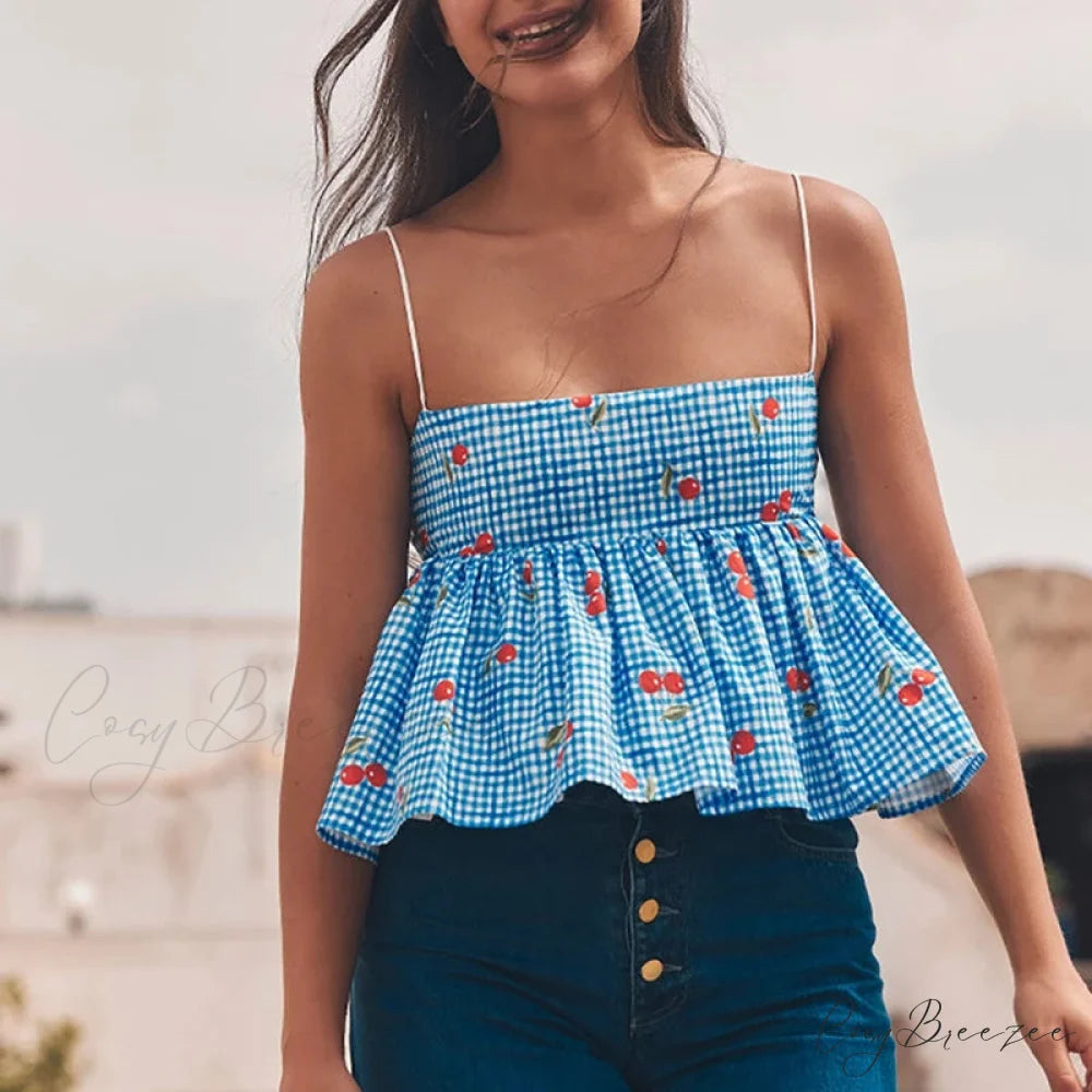 Cherry Plaid Peplum Crop Top croptop-250223